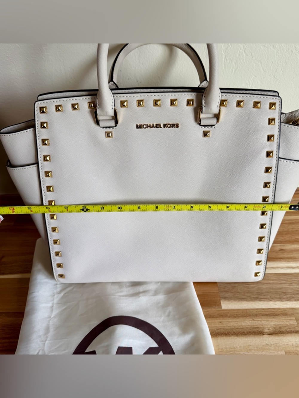Michael Kors White/Cream Gold Selma Studded Saffiano Leather  XL Satchel - Picture 12 of 16